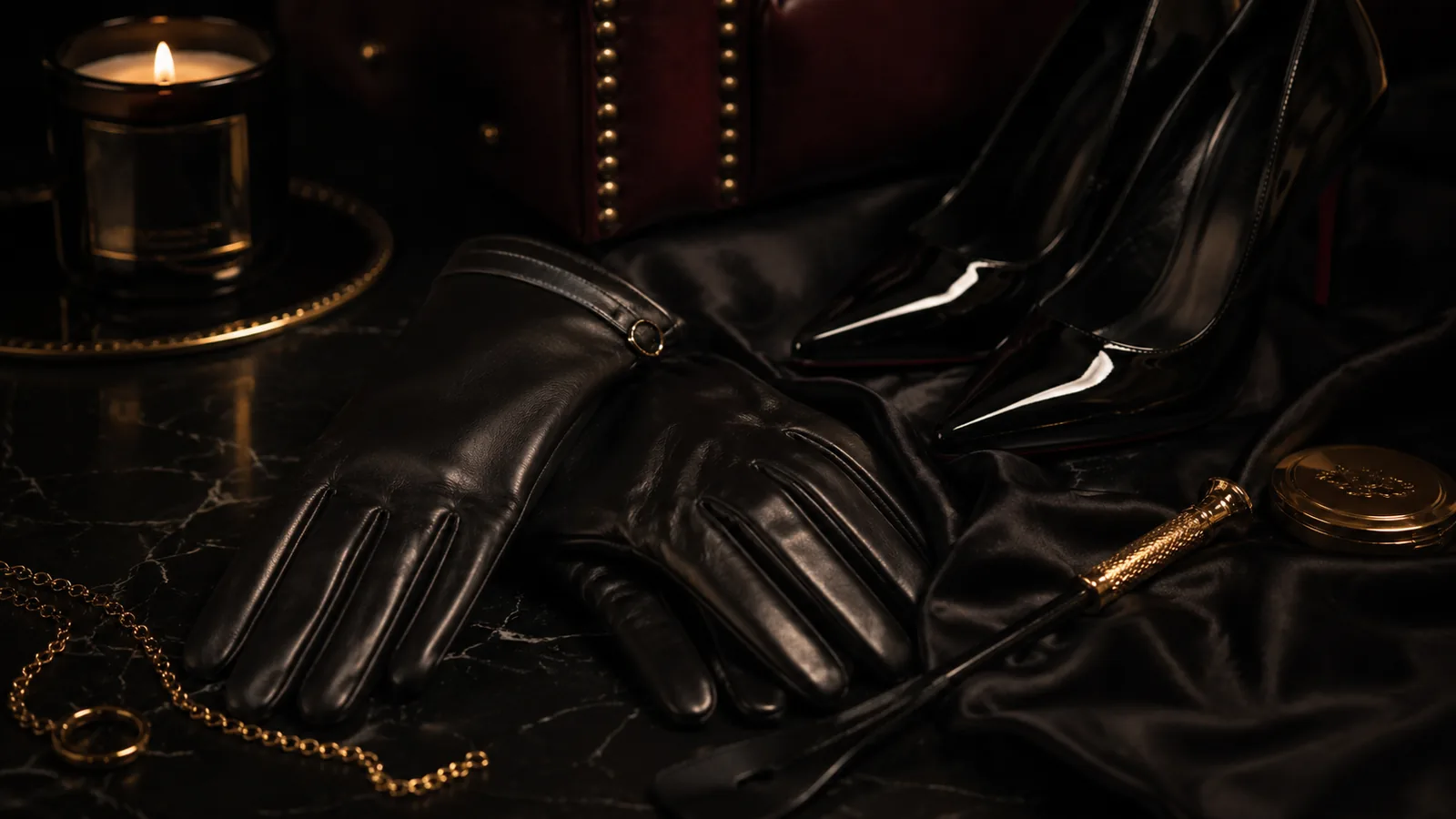 Edles Still-Life mit Lederhandschuhen, High Heels, Kerzenlicht und goldenen Details für Findom und Tribute